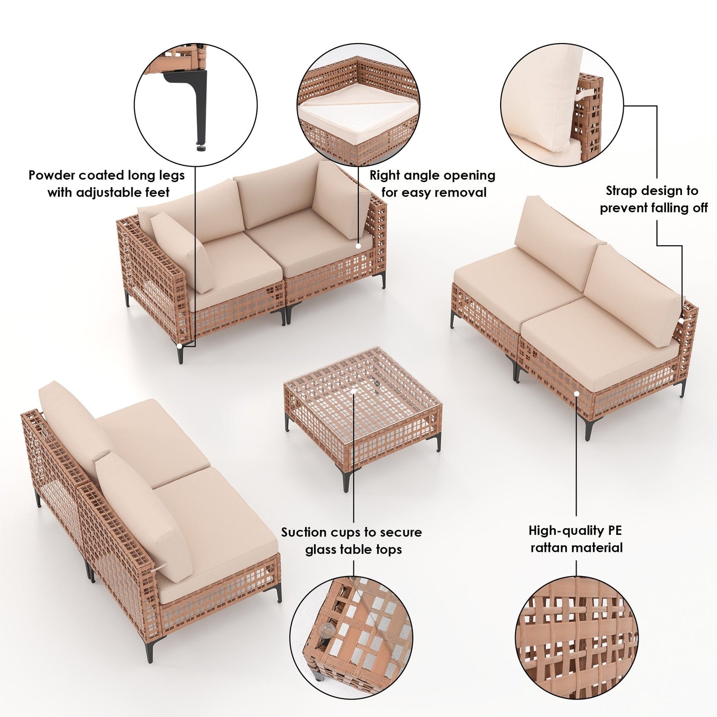 Ensemble de canapés modulaires d'extérieur pour 6 personnes avec coussins