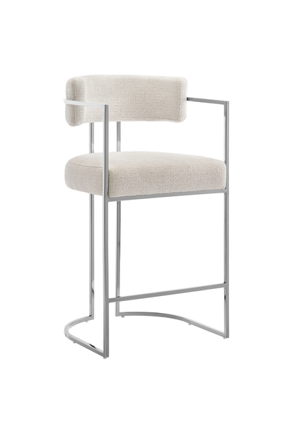 Tabouret de bar Ardenza en tissu et métal à dossier incurvé, couleur crème argentée