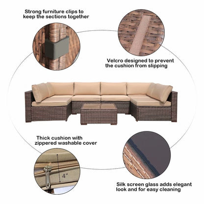 Ensemble de canapé d'extérieur modulable en osier et acier avec coussins, 7 pièces