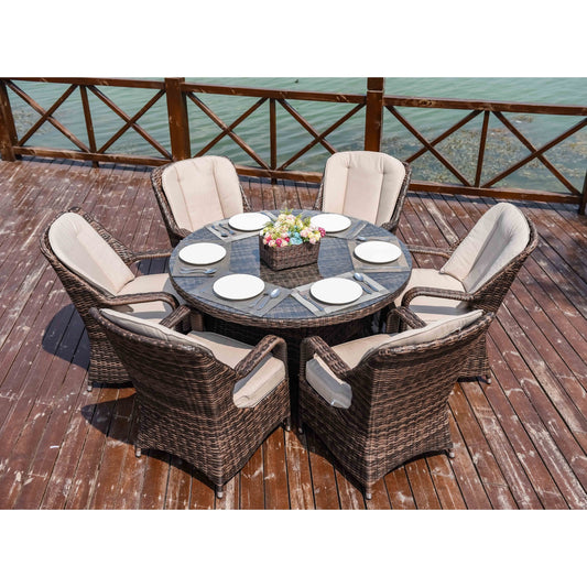 Ensemble de salle à manger rond en rotin pour extérieur, 7 pièces, avec coussins, par Moda Furnishings