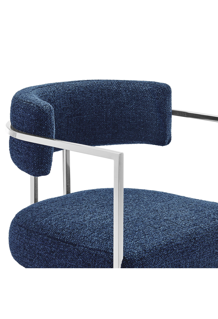 Tabouret de bar Ardenza à dossier incurvé en tissu et métal, bleu marine argenté