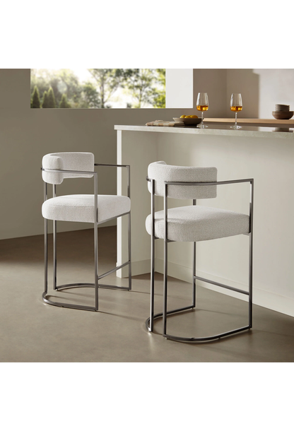 Tabouret de bar Ardenza en tissu et métal à dossier incurvé, couleur crème argentée