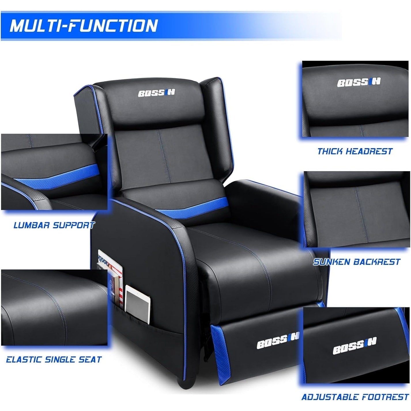 BOSSIN Fauteuil inclinable de jeu ergonomique en cuir PU pour salon