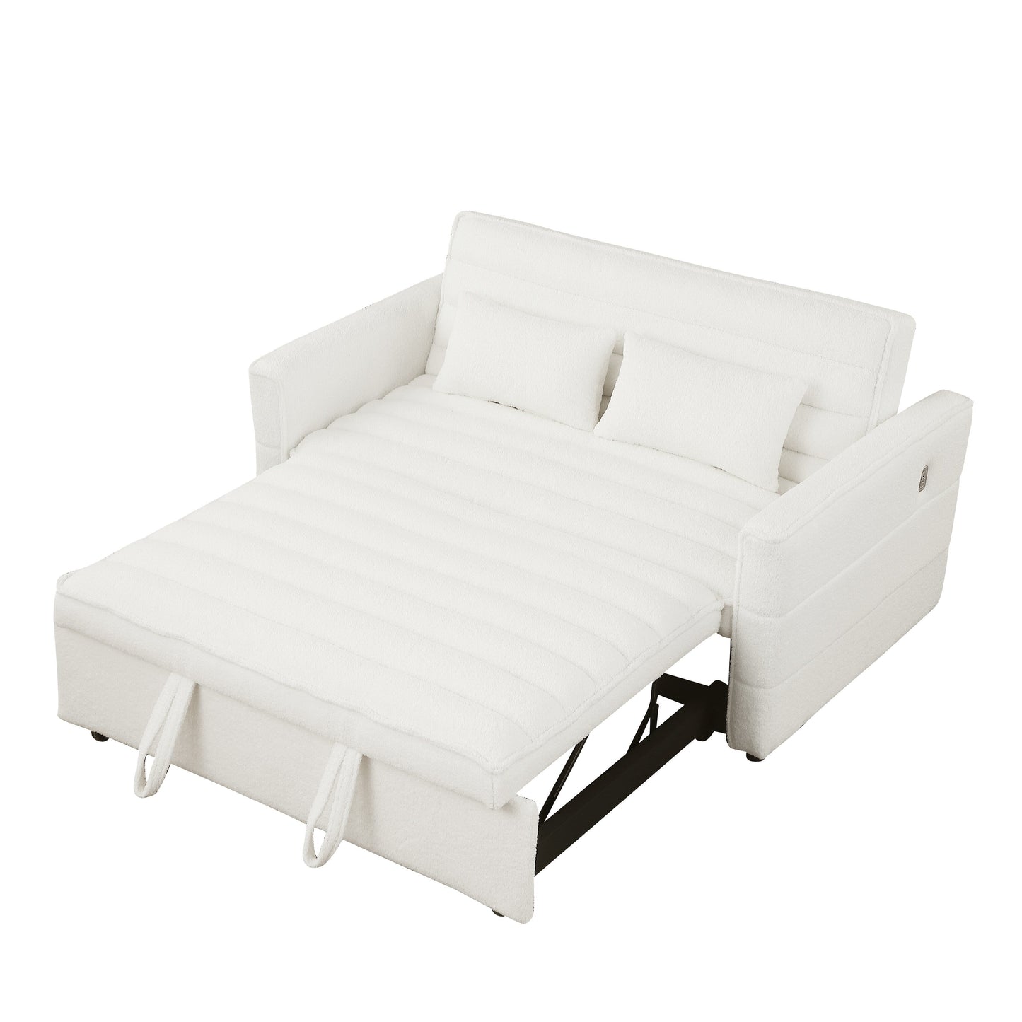 Canapé-lit convertible en tissu bouclé beige 55.12, avec dossier réglable et 2 coussins lombaires pour le salon.