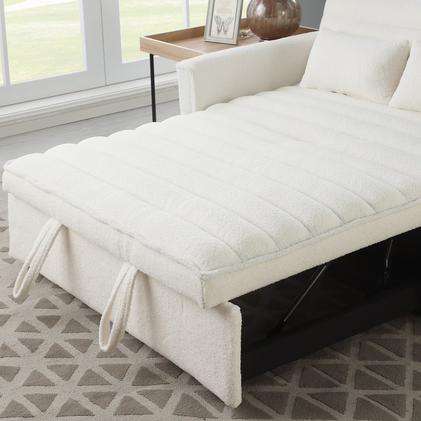 Canapé-lit convertible en tissu bouclé beige 55.12, avec dossier réglable et 2 coussins lombaires pour le salon.