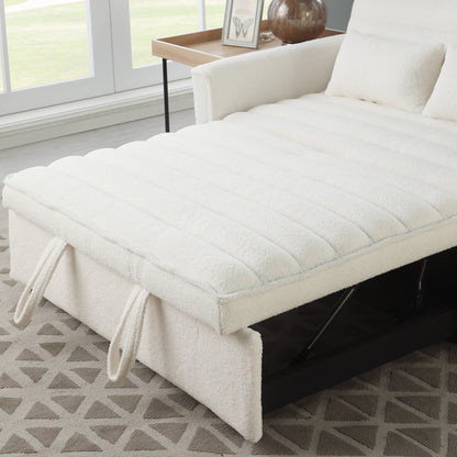 Canapé-lit convertible en tissu bouclé beige 55.12, avec dossier réglable et 2 coussins lombaires pour le salon.