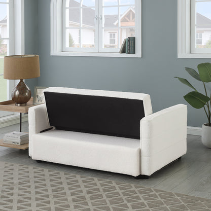 Canapé-lit convertible en tissu bouclé beige 55.12, avec dossier réglable et 2 coussins lombaires pour le salon.