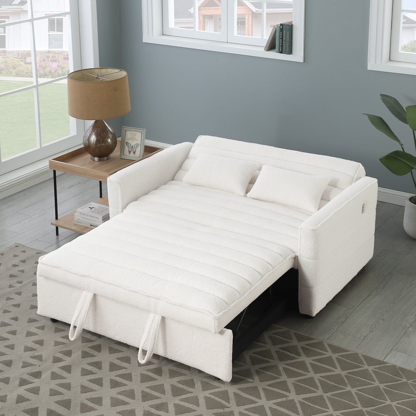 Canapé-lit convertible en tissu bouclé beige 55.12, avec dossier réglable et 2 coussins lombaires pour le salon.