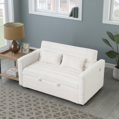 Canapé-lit convertible en tissu bouclé beige 55.12, avec dossier réglable et 2 coussins lombaires pour le salon.