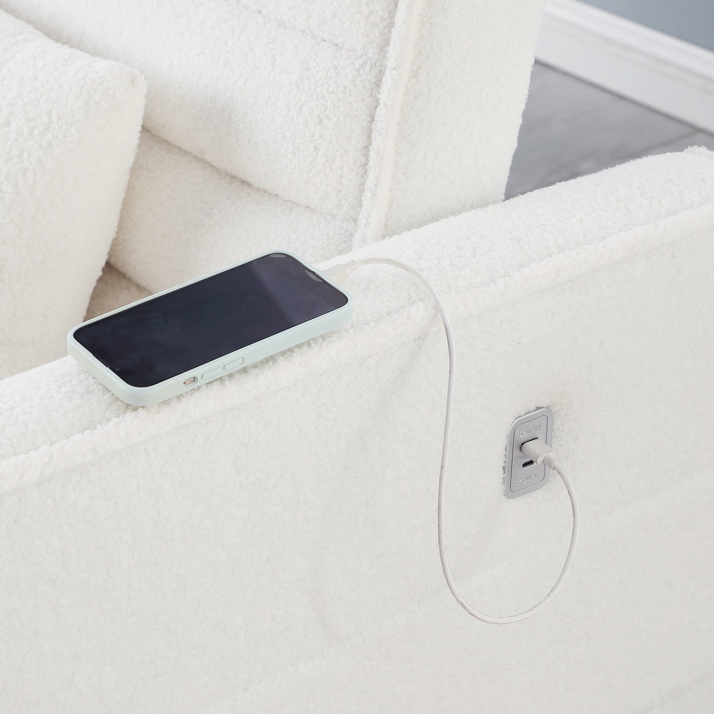 Canapé-lit convertible en tissu bouclé beige 55.12, avec dossier réglable et 2 coussins lombaires pour le salon.