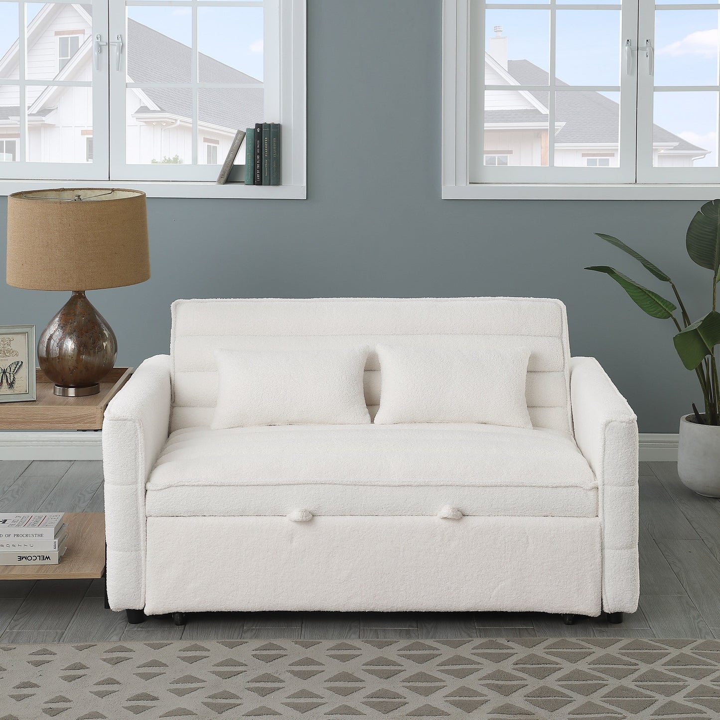 Canapé-lit convertible en tissu bouclé beige 55.12, avec dossier réglable et 2 coussins lombaires pour le salon.