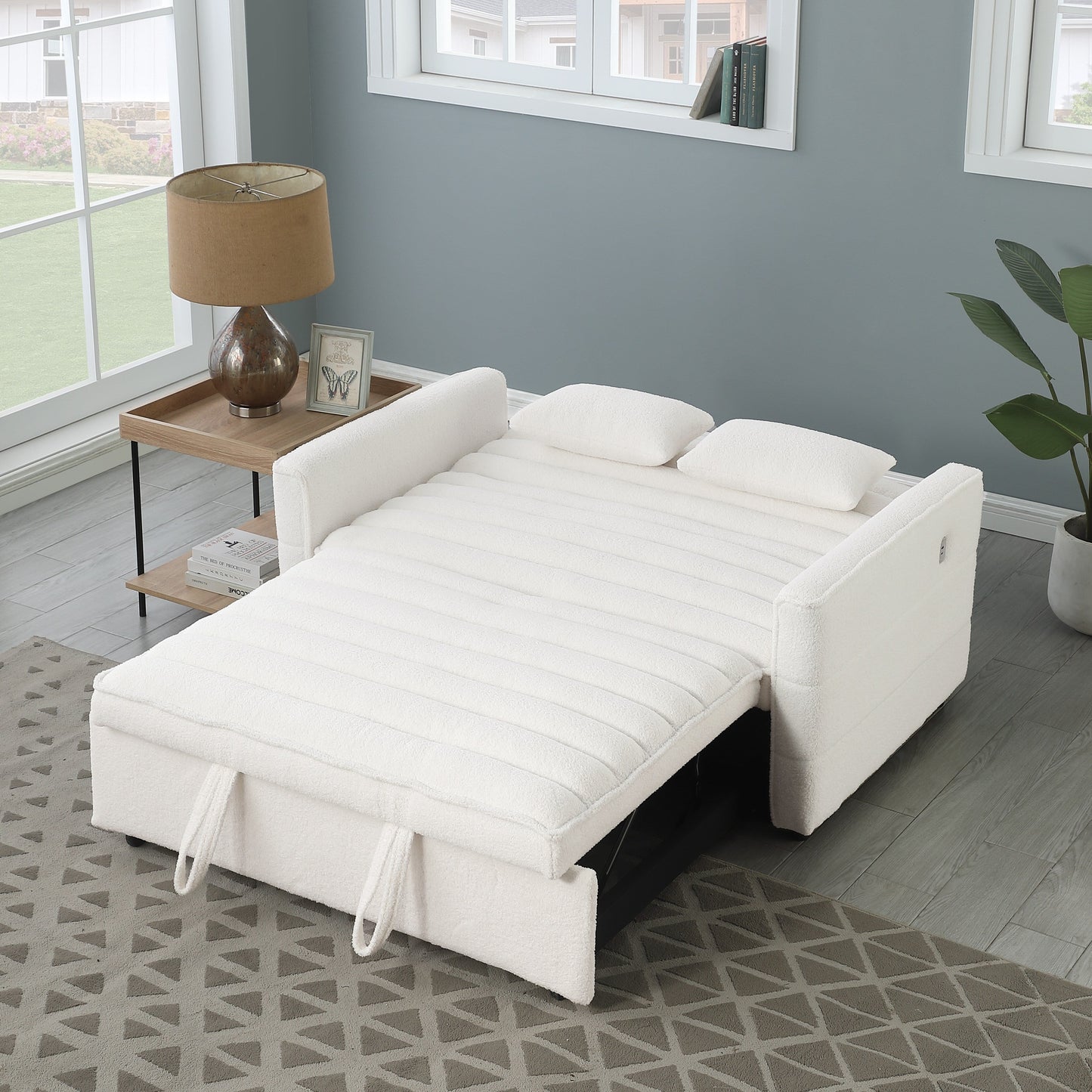 Canapé-lit convertible en tissu bouclé beige 55.12, avec dossier réglable et 2 coussins lombaires pour le salon.