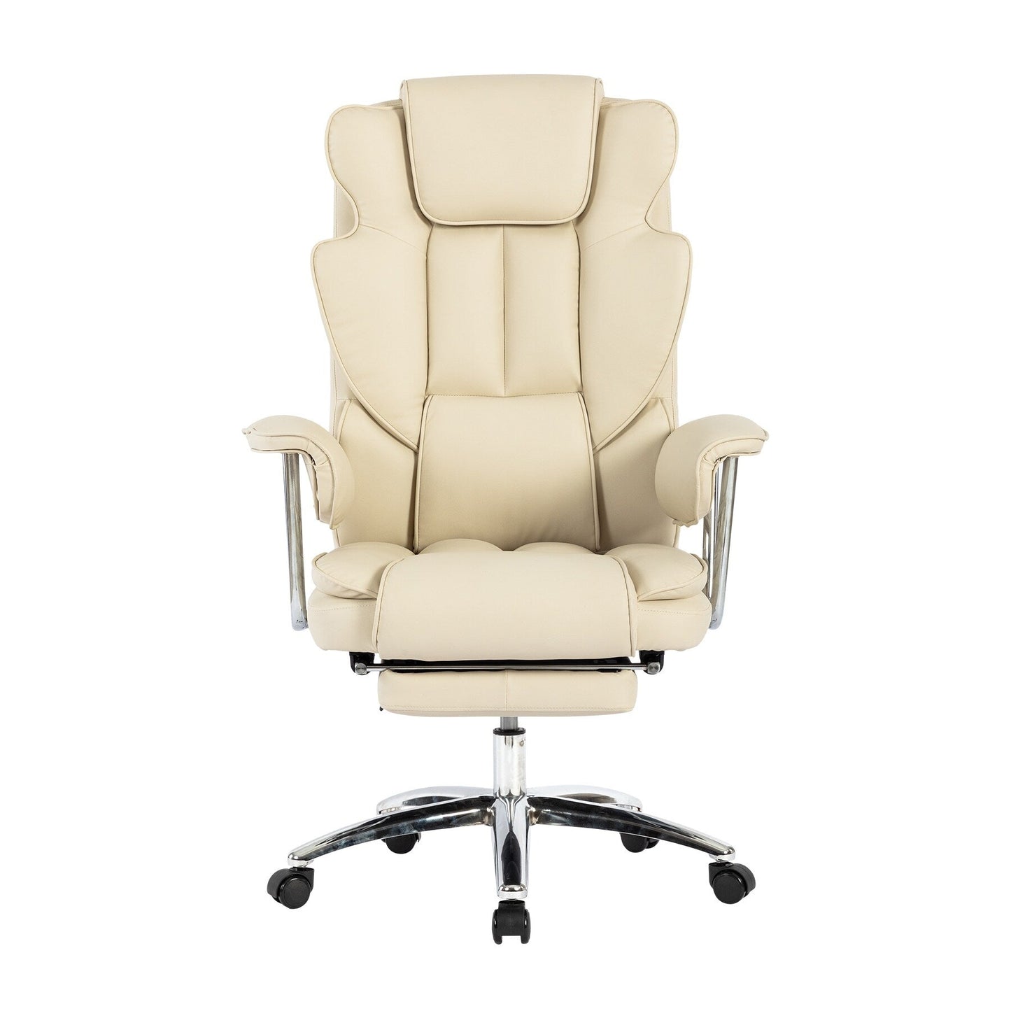 Fauteuil de bureau inclinable ergonomique à dossier haut, pivotant à 360°, en cuir synthétique beige, avec support lombaire, repose-pieds et hauteur réglable.
