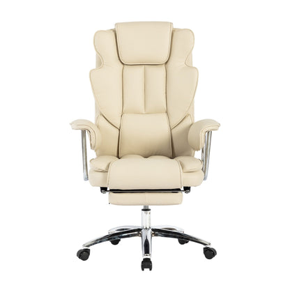 Fauteuil de bureau inclinable ergonomique à dossier haut, pivotant à 360°, en cuir synthétique beige, avec support lombaire, repose-pieds et hauteur réglable.