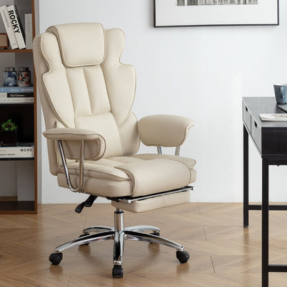 Fauteuil de bureau inclinable ergonomique à dossier haut, pivotant à 360°, en cuir synthétique beige, avec support lombaire, repose-pieds et hauteur réglable.