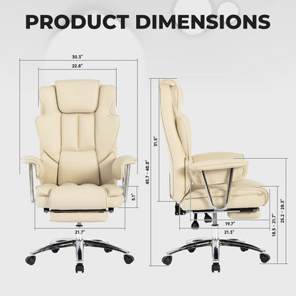 Fauteuil de bureau inclinable ergonomique à dossier haut, pivotant à 360°, en cuir synthétique beige, avec support lombaire, repose-pieds et hauteur réglable.