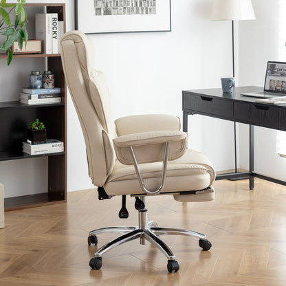Fauteuil de bureau inclinable ergonomique à dossier haut, pivotant à 360°, en cuir synthétique beige, avec support lombaire, repose-pieds et hauteur réglable.
