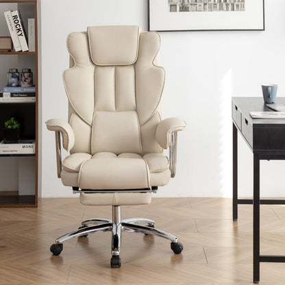 Fauteuil de bureau inclinable ergonomique à dossier haut, pivotant à 360°, en cuir synthétique beige, avec support lombaire, repose-pieds et hauteur réglable.