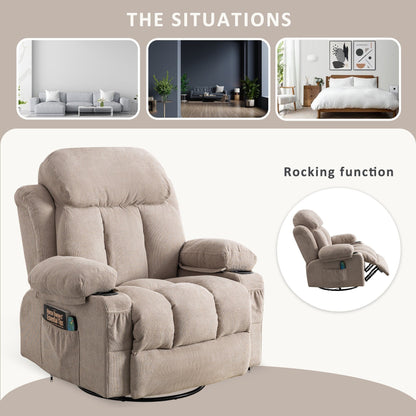 Fauteuil pivotant inclinable beige avec massage, chauffage et recharge USB