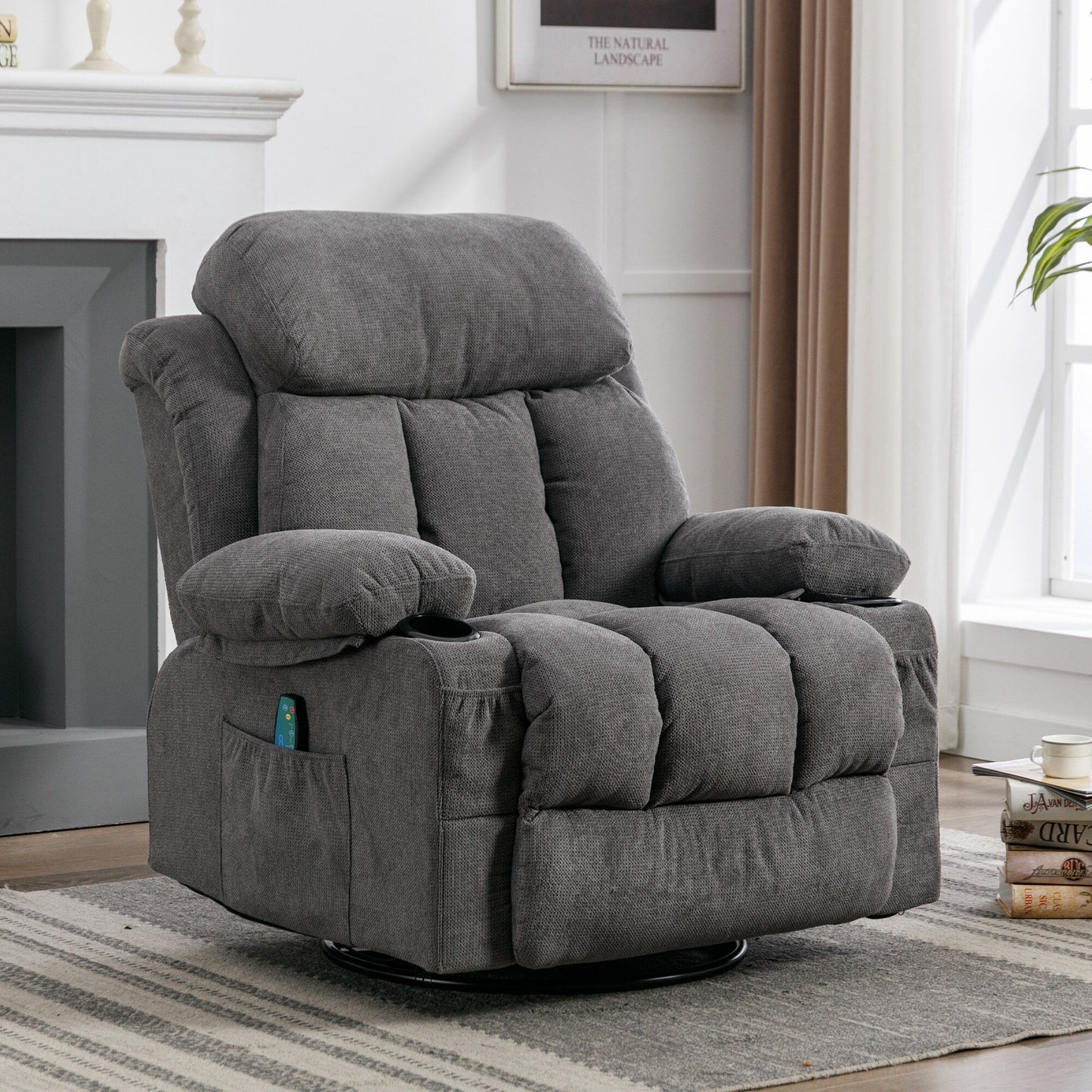 Fauteuil pivotant inclinable beige avec massage, chauffage et recharge USB