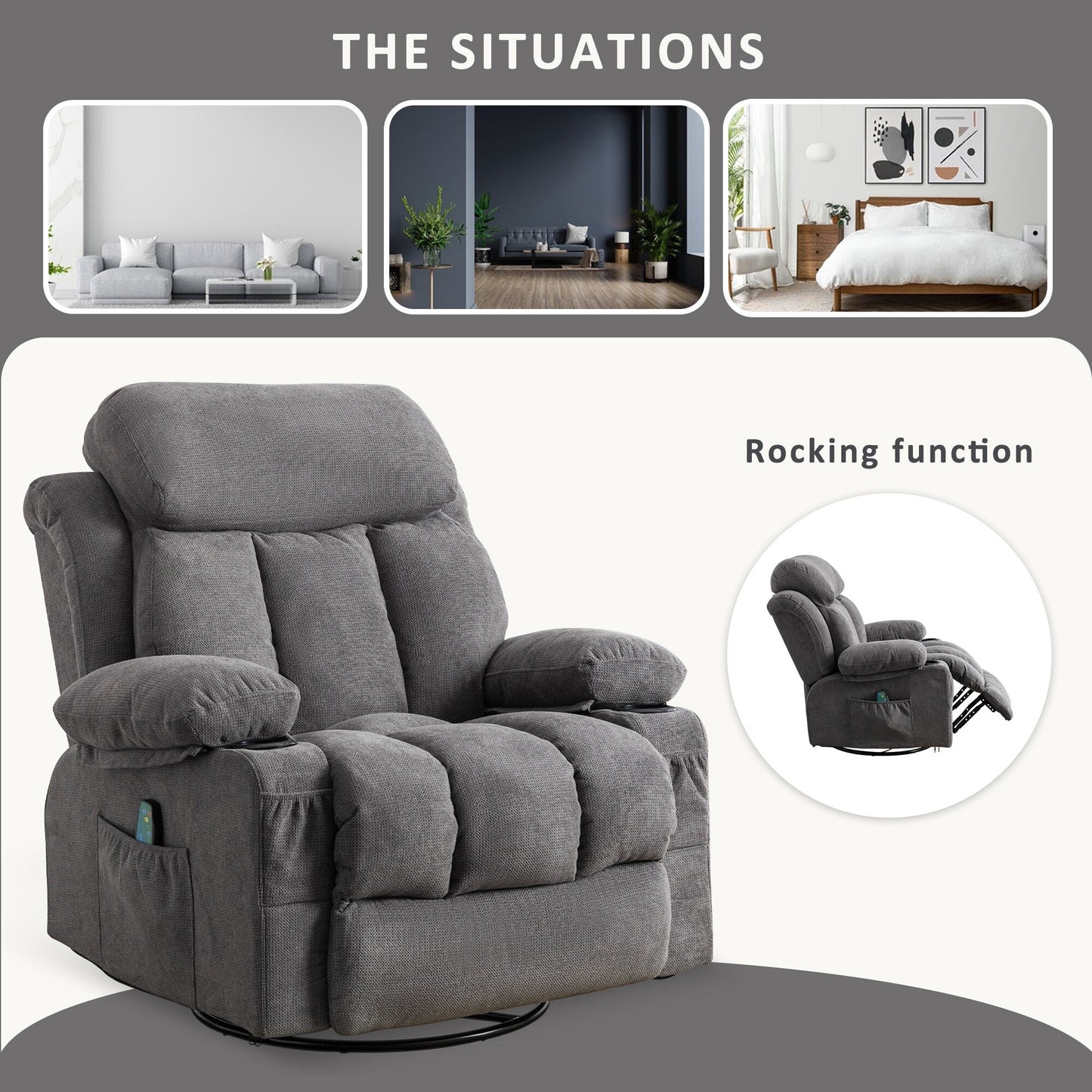 Fauteuil pivotant inclinable beige avec massage, chauffage et recharge USB