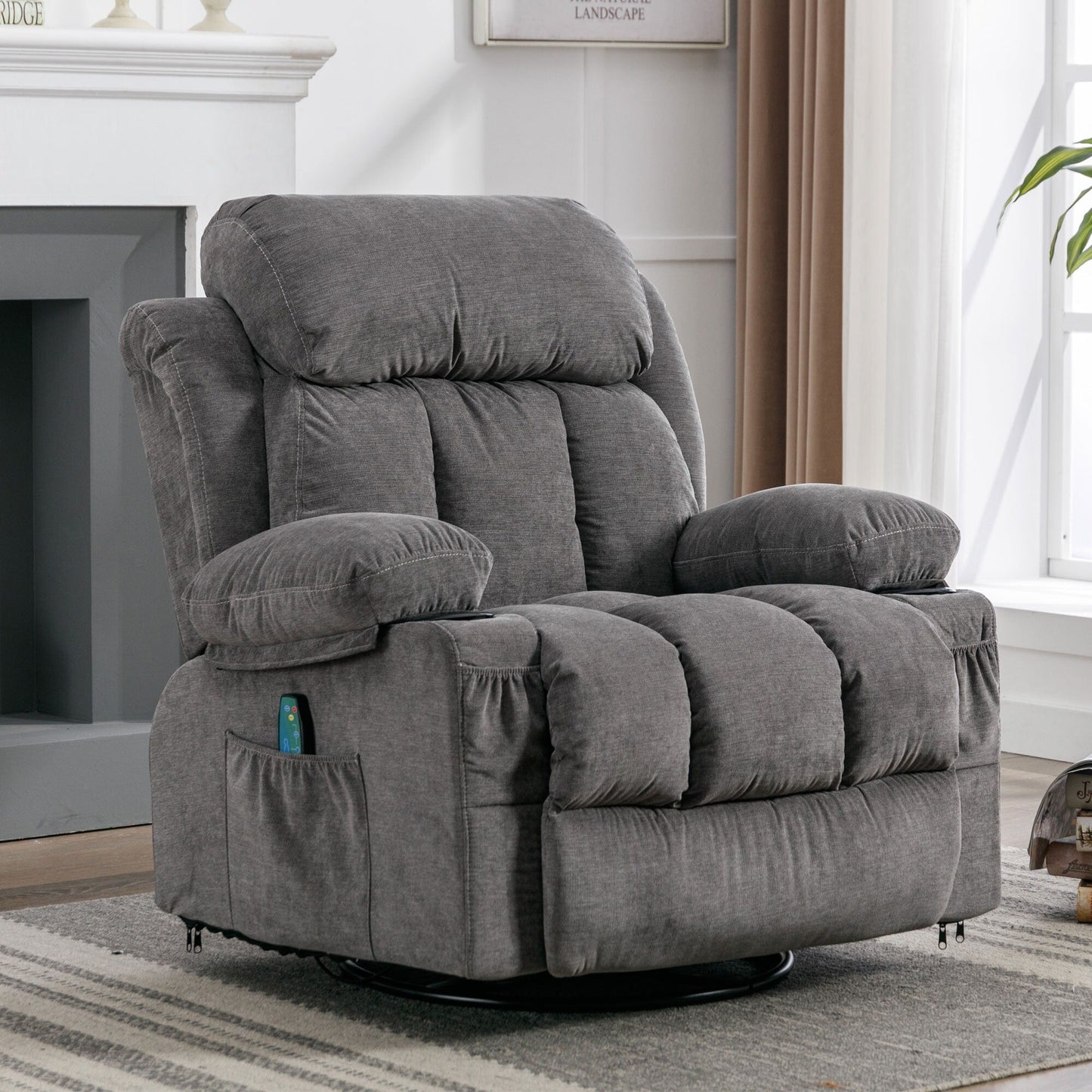 Fauteuil pivotant inclinable beige avec massage, chauffage et recharge USB