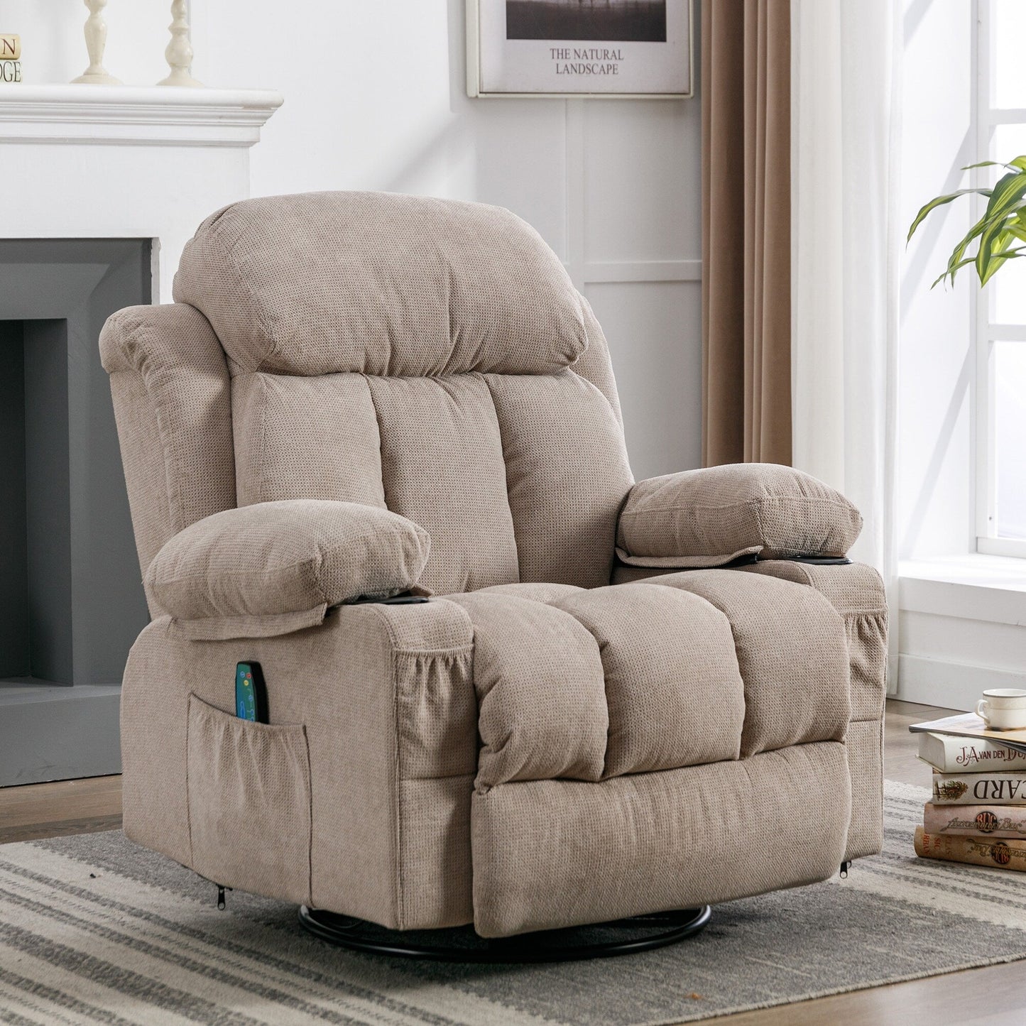Fauteuil pivotant inclinable beige avec massage, chauffage et recharge USB