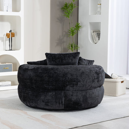 Canapé pouf géant noir en chenille 42.52, pour chambre à coucher, avec trois coussins.