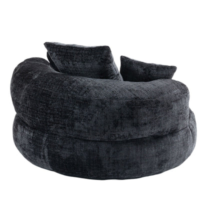 Canapé pouf géant noir en chenille 42.52, pour chambre à coucher, avec trois coussins.