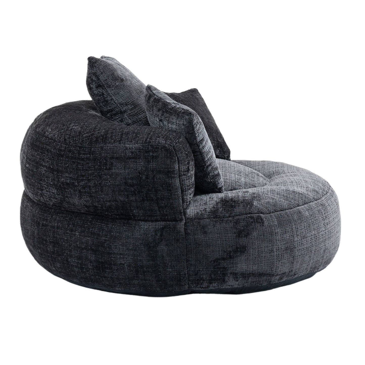 Canapé pouf géant noir en chenille 42.52, pour chambre à coucher, avec trois coussins.