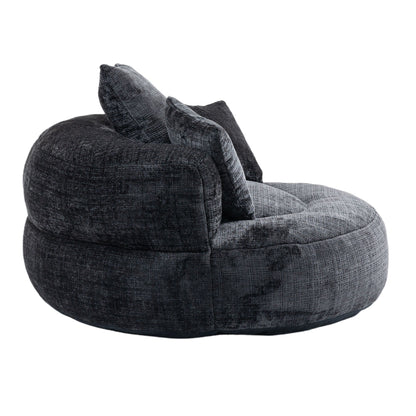 Canapé pouf géant noir en chenille 42.52, pour chambre à coucher, avec trois coussins.