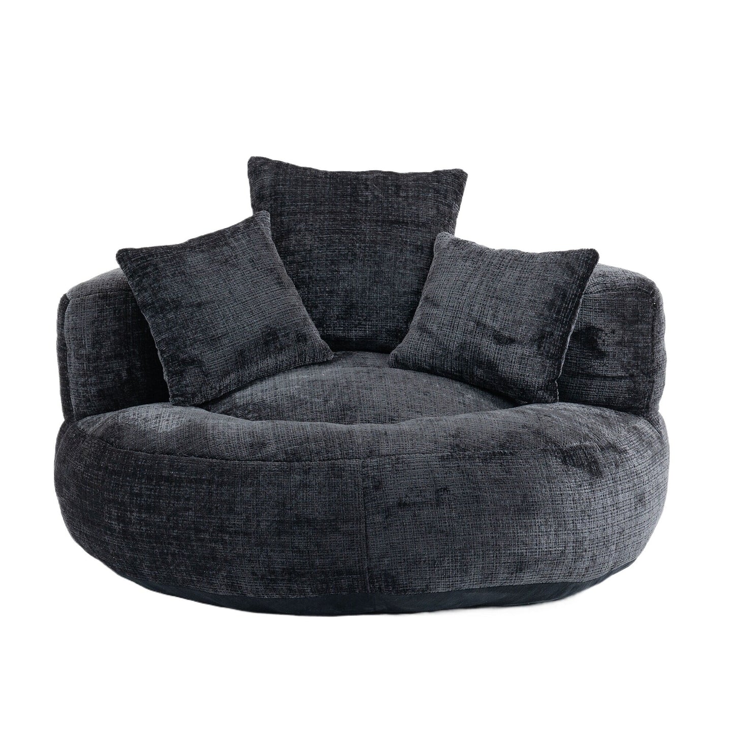 Canapé pouf géant noir en chenille 42.52, pour chambre à coucher, avec trois coussins.