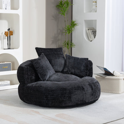 Canapé pouf géant noir en chenille 42.52, pour chambre à coucher, avec trois coussins.