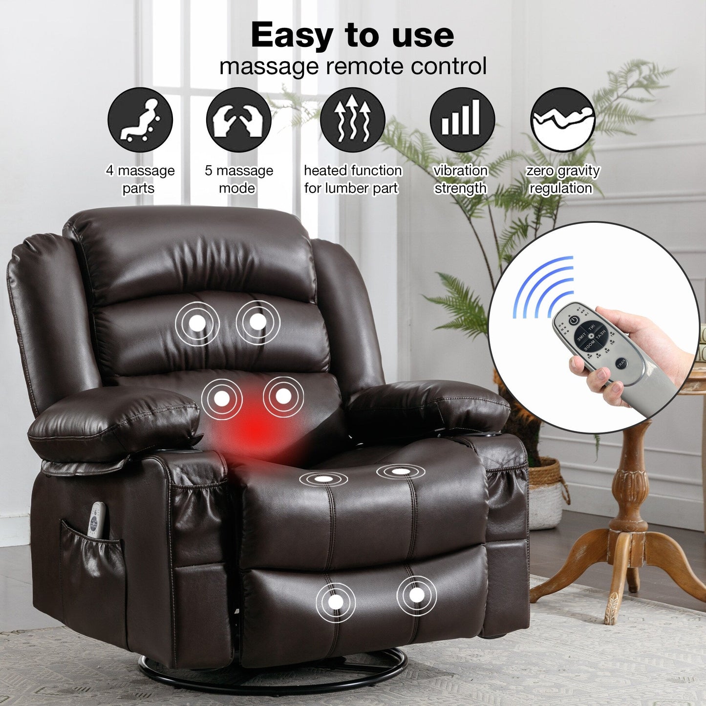 Fauteuil inclinable pivotant noir avec fonction de massage, chauffage et ports USB