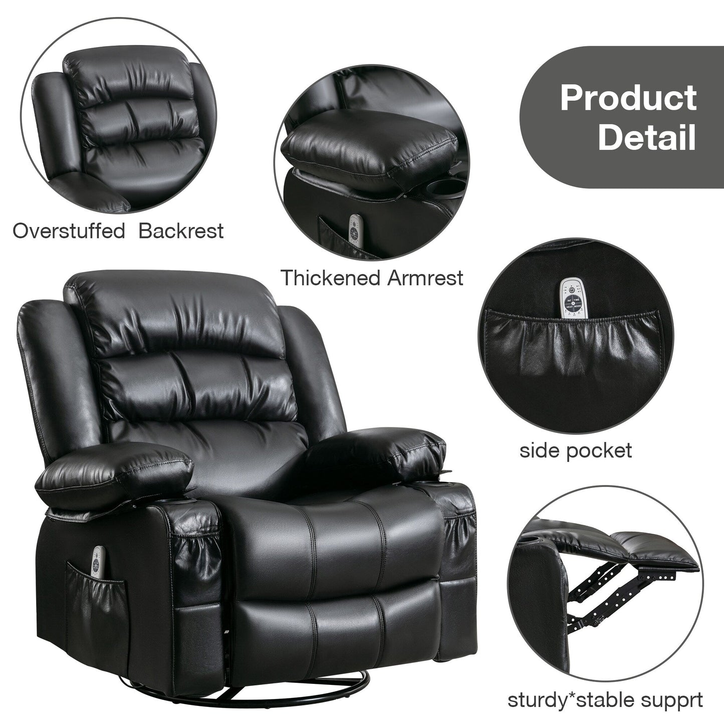 Fauteuil inclinable pivotant noir avec fonction de massage, chauffage et ports USB