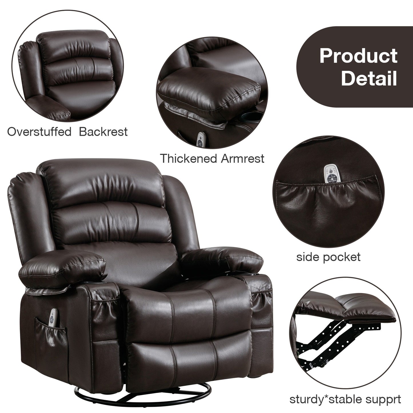 Fauteuil inclinable pivotant noir avec fonction de massage, chauffage et ports USB