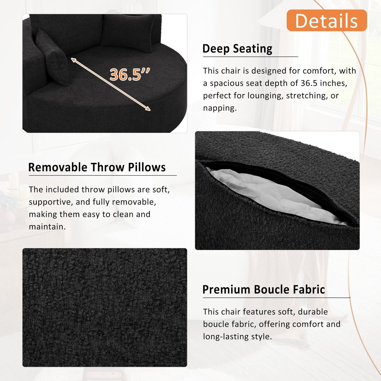 Fauteuil de salon en forme de tonneau avec accoudoirs en chenille, chaise de salon ronde avec base pivotante à 360 degrés et 3 coussins amovibles.