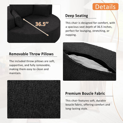 Fauteuil de salon en forme de tonneau avec accoudoirs en chenille, chaise de salon ronde avec base pivotante à 360 degrés et 3 coussins amovibles.