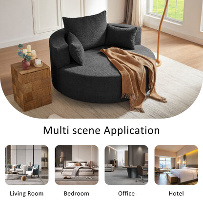 Fauteuil de salon en forme de tonneau avec accoudoirs en chenille, chaise de salon ronde avec base pivotante à 360 degrés et 3 coussins amovibles.