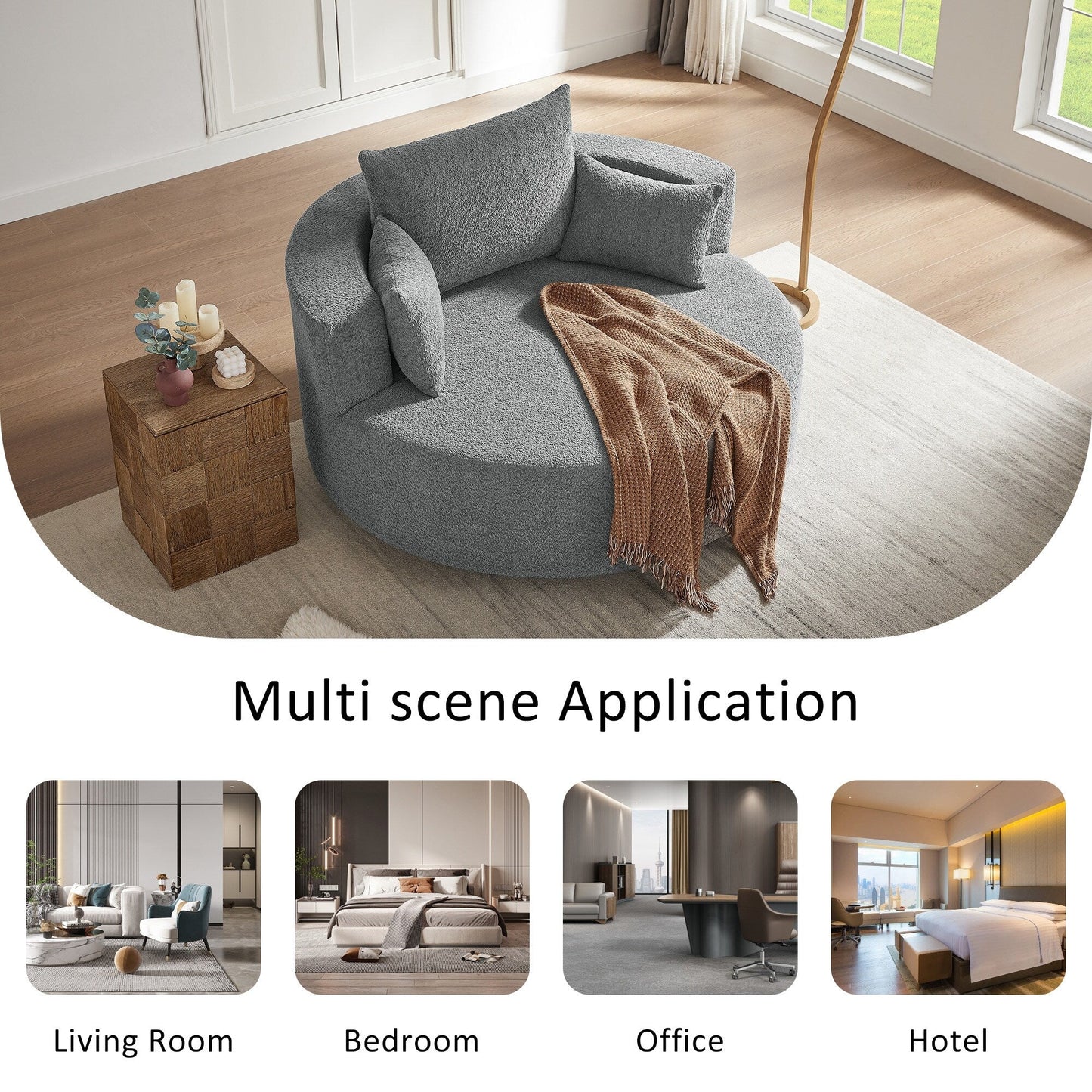 Fauteuil de salon en forme de tonneau avec accoudoirs en chenille, chaise de salon ronde avec base pivotante à 360 degrés et 3 coussins amovibles.