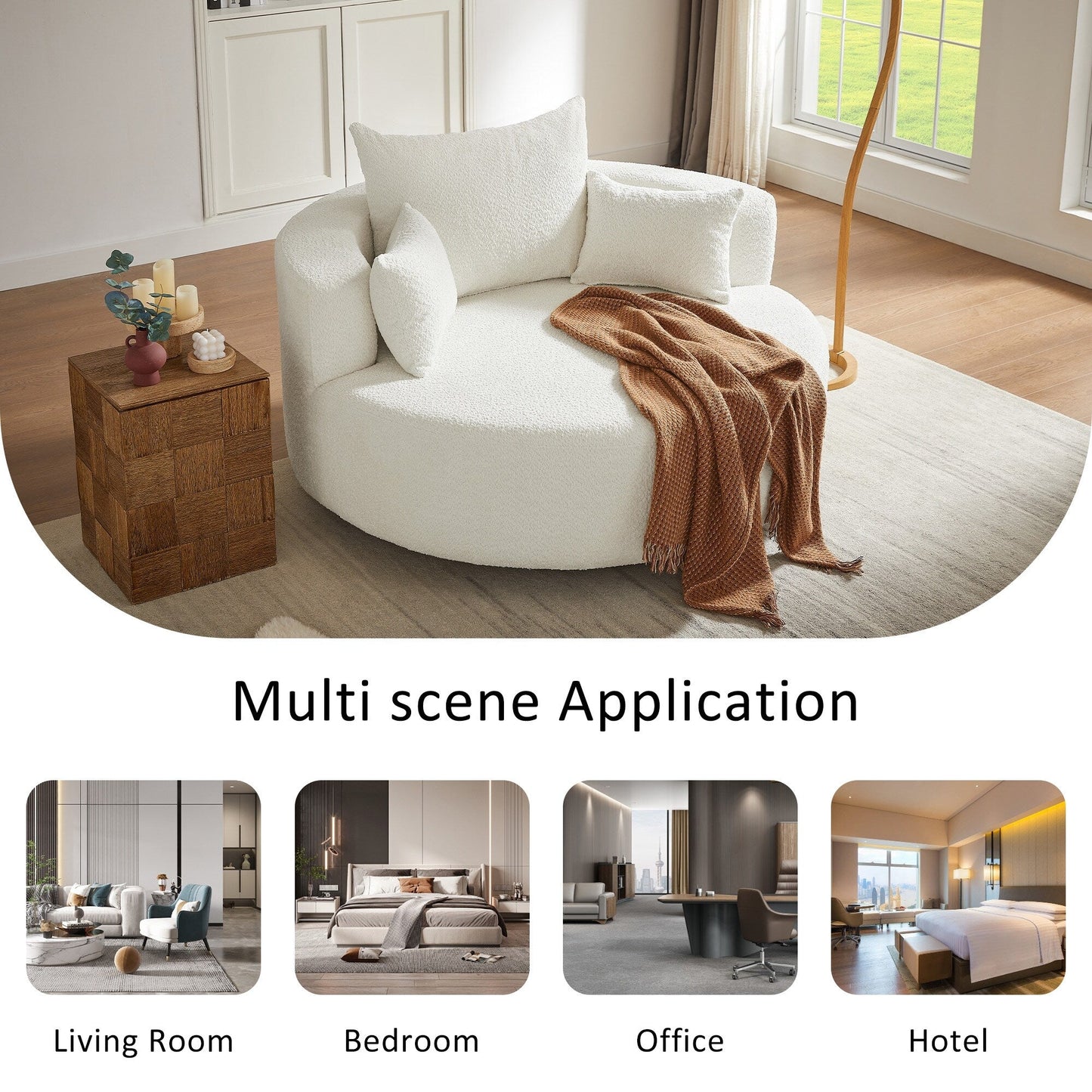 Fauteuil de salon en forme de tonneau avec accoudoirs en chenille, chaise de salon ronde avec base pivotante à 360 degrés et 3 coussins amovibles.