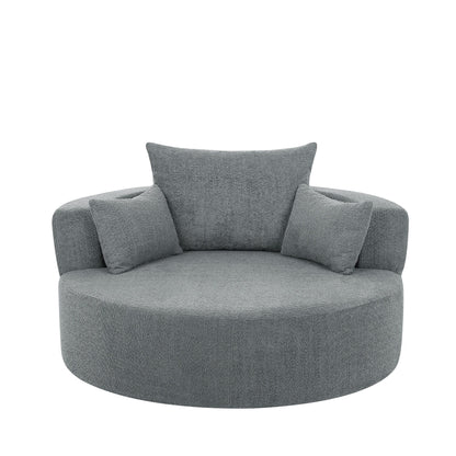 Fauteuil de salon en forme de tonneau avec accoudoirs en chenille, chaise de salon ronde avec base pivotante à 360 degrés et 3 coussins amovibles.
