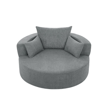Fauteuil de salon en forme de tonneau avec accoudoirs en chenille, chaise de salon ronde avec base pivotante à 360 degrés et 3 coussins amovibles.