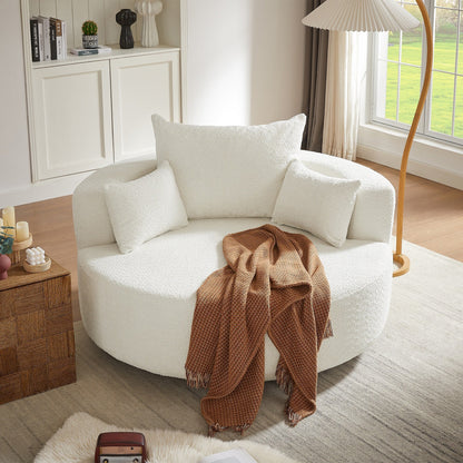 Fauteuil de salon en forme de tonneau avec accoudoirs en chenille, chaise de salon ronde avec base pivotante à 360 degrés et 3 coussins amovibles.