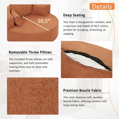 Fauteuil de salon en forme de tonneau avec accoudoirs en chenille, chaise de salon ronde avec base pivotante à 360 degrés et 3 coussins amovibles.