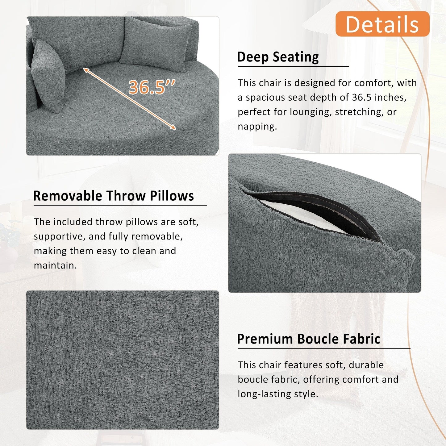 Fauteuil de salon en forme de tonneau avec accoudoirs en chenille, chaise de salon ronde avec base pivotante à 360 degrés et 3 coussins amovibles.