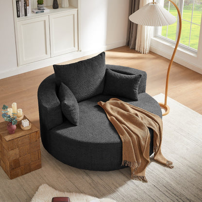 Fauteuil de salon en forme de tonneau avec accoudoirs en chenille, chaise de salon ronde avec base pivotante à 360 degrés et 3 coussins amovibles.