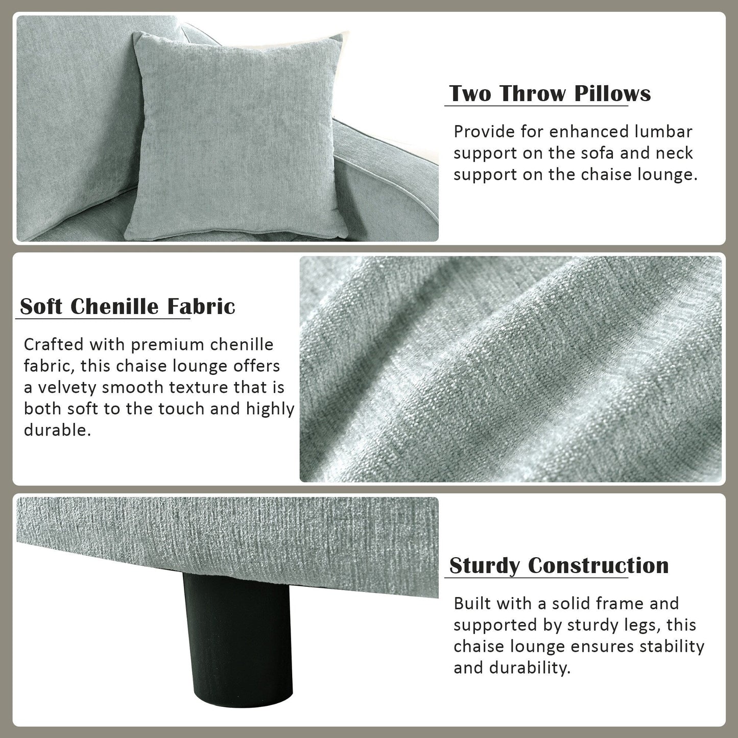 Canapé-lit chaise longue en chenille, canapé-lit recouvert de tissu avec dossier capitonné et 2 coussins amovibles pour le salon.