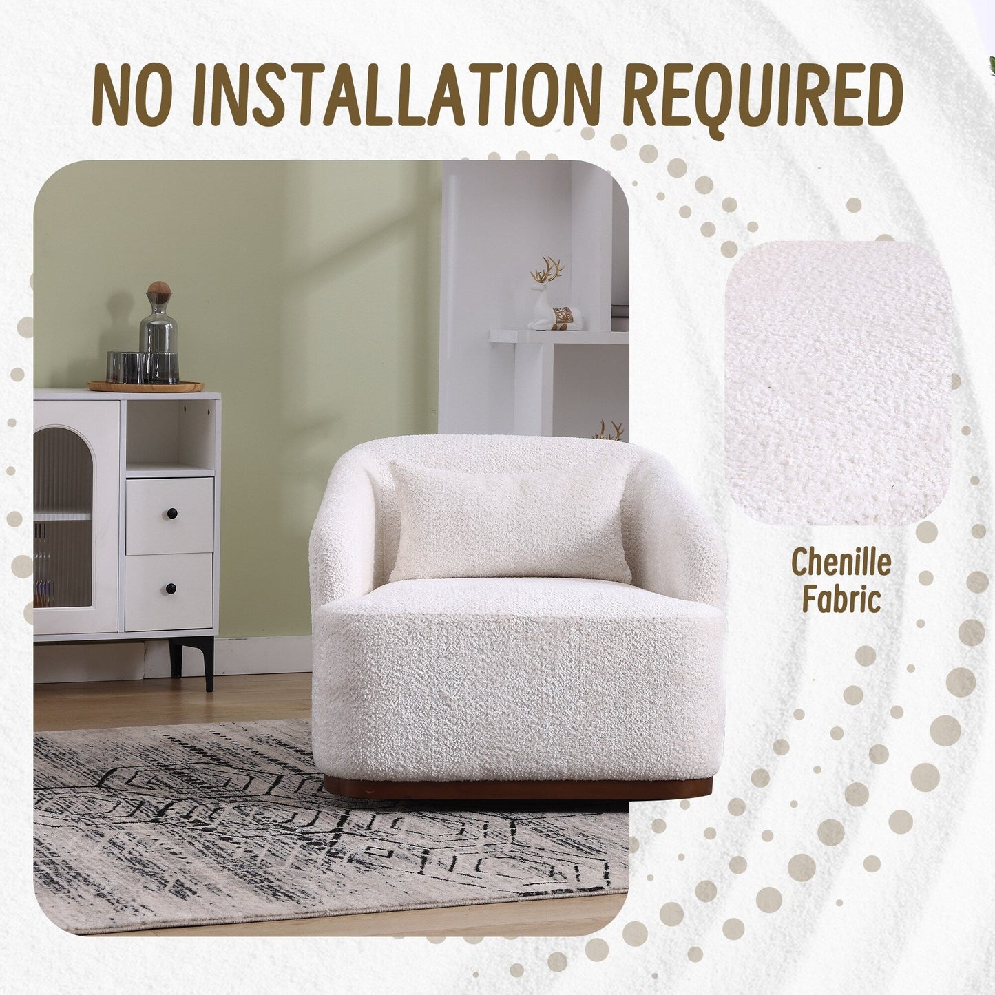 Fauteuil pivotant en chenille, canapé d'appoint confortable à 360 degrés pour salon, chambre à coucher et bureau avec coussin amovible.