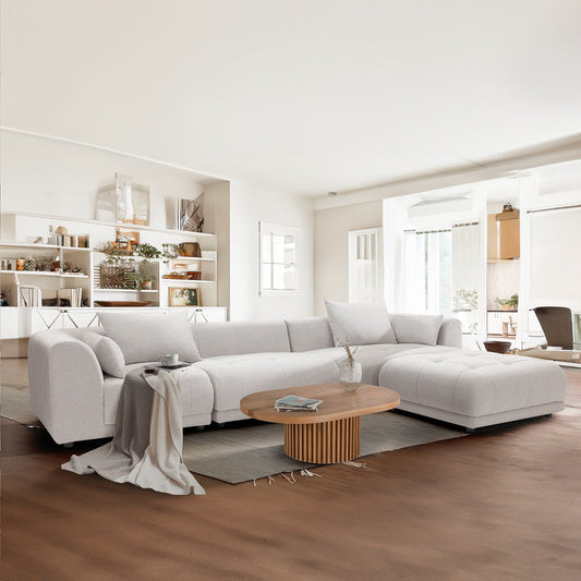 Canapé d'angle modulable Cloud 144 avec pouf - Canapé de salon en tissu chenille moelleux